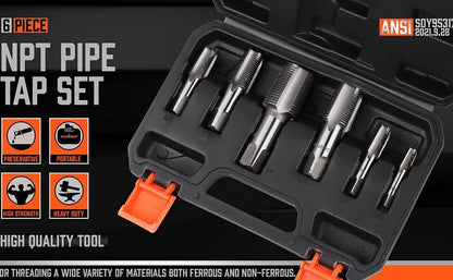 A black plastic carrying case with orange latches is open to reveal a HORUSDY 6Pc NPT Pipe Tap Set Thread Tap Screw Tool 1/8" 1/4" 3/8" 1/2" 3/4" 1". The right-hand cutting tools are neatly arranged in individual slots within the case.