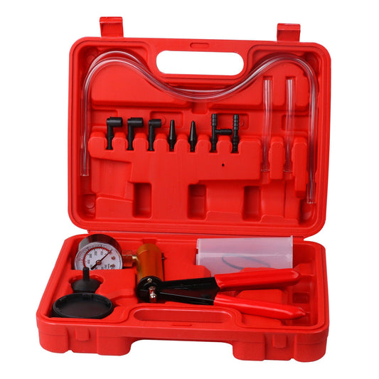 A HORUSDY Hand Held Vacuum Pump Brake Bleeder Pressure Tester Vacuum Gauge Kit containing various tools, including a pressure gauge, rubber hoses, several nozzles, a clear container, and a handheld vacuum pump with red handles. Ideal as a brake bleeder kit, the case has specific slots for each tool to keep everything organized.