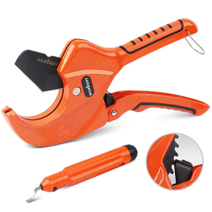 An orange HORUSDY PVC Ratchet Cutter 64mm 2 - 1/2" Deburring Tool Rubber Handle Hand Tool is shown with a detachable blade and grip handle, ideal for cutting PVC pipe. It includes a secondary orange hand tool with a pointed metal tip for deburring. An inset detail image highlights the cutting edges. Both tools feature black accents and ergonomic designs.