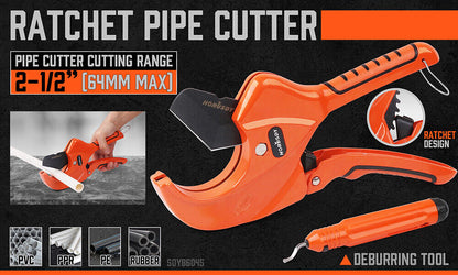 An orange HORUSDY PVC Ratchet Cutter 64mm 2 - 1/2" Deburring Tool Rubber Handle Hand Tool is shown with a detachable blade and grip handle, ideal for cutting PVC pipe. It includes a secondary orange hand tool with a pointed metal tip for deburring. An inset detail image highlights the cutting edges. Both tools feature black accents and ergonomic designs.