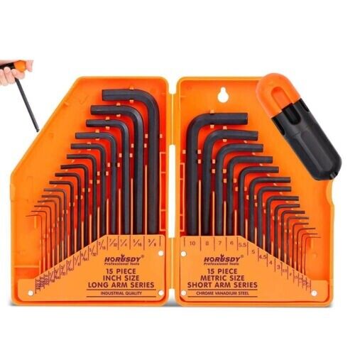 An orange tool case containing a comprehensive 31-Piece Hex Key Set with T-Handle, Metric & Imperial Sizes Allen Wrench Set with Storage Case. The left side has standard sizes (1/16" to 3/8"), and the right side has metric sizes (1.5mm to 10mm). A hand is holding one durable wrench, and another is shown with an orange cap.