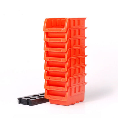 A stack of six orange plastic storage bins, perfect for use as a parts organizer, is placed on top of each other. The bins have a front opening for easy access. Next to the stack, there are black interlocking mounting brackets for securing the bins in a fixed position. The background is white. This setup features the NEW 8 PC Wall Mounted Storage Bins Rack Set Nuts Bolts Organizer Parts 97903.