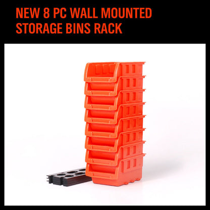 A stack of six orange plastic storage bins, perfect for use as a parts organizer, is placed on top of each other. The bins have a front opening for easy access. Next to the stack, there are black interlocking mounting brackets for securing the bins in a fixed position. The background is white. This setup features the NEW 8 PC Wall Mounted Storage Bins Rack Set Nuts Bolts Organizer Parts 97903.