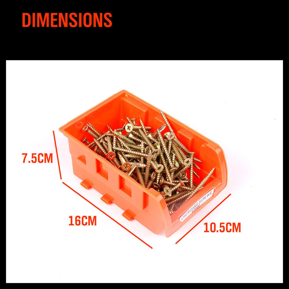 A stack of six orange plastic storage bins, perfect for use as a parts organizer, is placed on top of each other. The bins have a front opening for easy access. Next to the stack, there are black interlocking mounting brackets for securing the bins in a fixed position. The background is white. This setup features the NEW 8 PC Wall Mounted Storage Bins Rack Set Nuts Bolts Organizer Parts 97903.