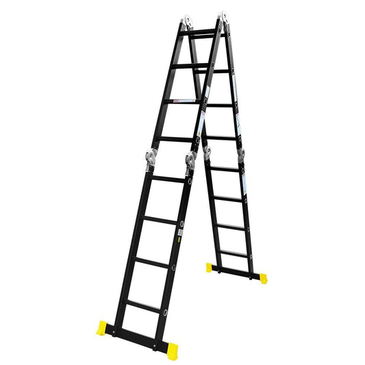 A black HORUSDY 5.7M Aluminium Folding Step Ladder Extension Multi-Purpose Ladders 150KG is shown with yellow end caps on its stabilizing feet, standing in an A-frame configuration. This multi-purpose ladder boasts several locking mechanisms and hinges, allowing for various height and configuration adjustments while offering easy storage.