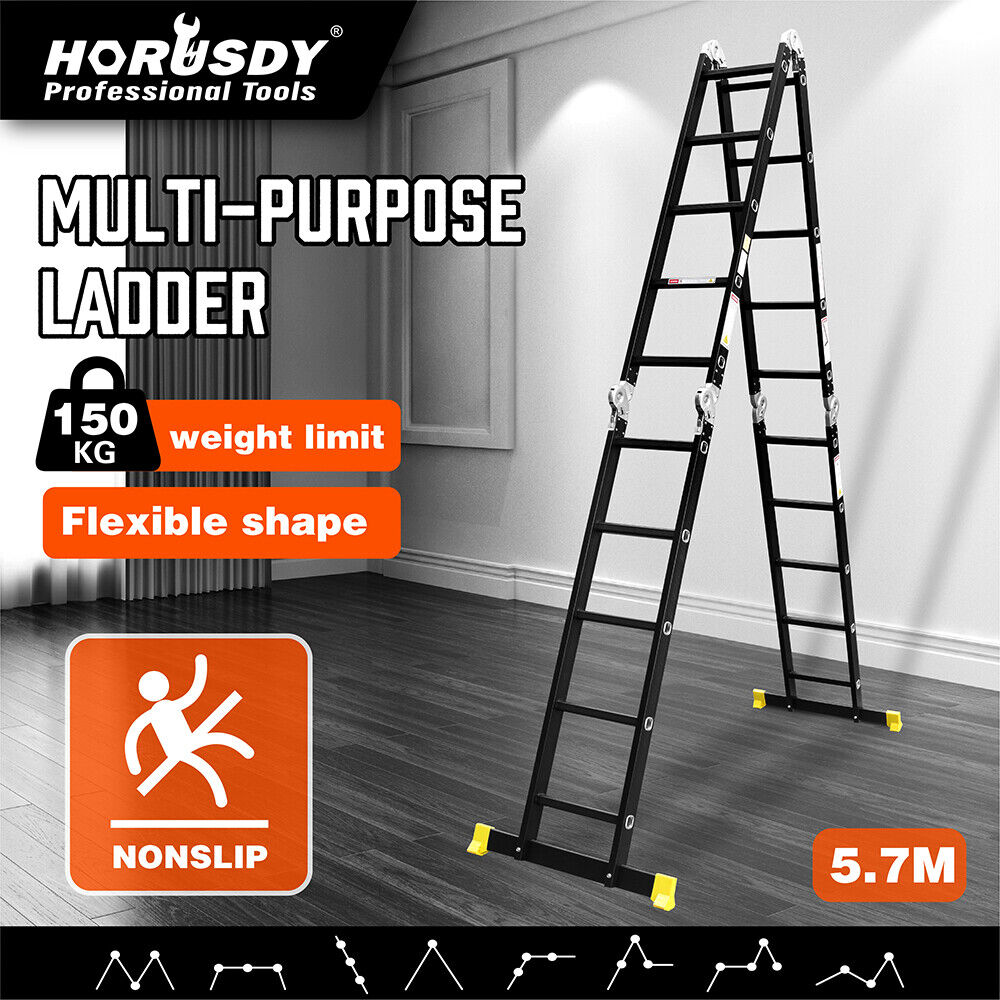 A black HORUSDY 5.7M Aluminium Folding Step Ladder Extension Multi-Purpose Ladders 150KG is shown with yellow end caps on its stabilizing feet, standing in an A-frame configuration. This multi-purpose ladder boasts several locking mechanisms and hinges, allowing for various height and configuration adjustments while offering easy storage.