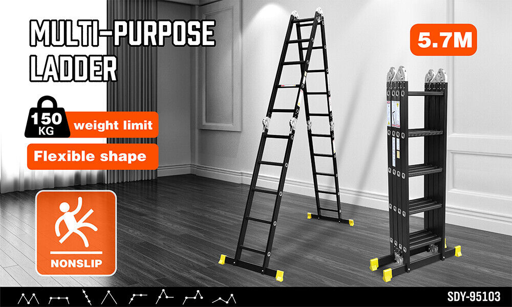 A black HORUSDY 5.7M Aluminium Folding Step Ladder Extension Multi-Purpose Ladders 150KG is shown with yellow end caps on its stabilizing feet, standing in an A-frame configuration. This multi-purpose ladder boasts several locking mechanisms and hinges, allowing for various height and configuration adjustments while offering easy storage.