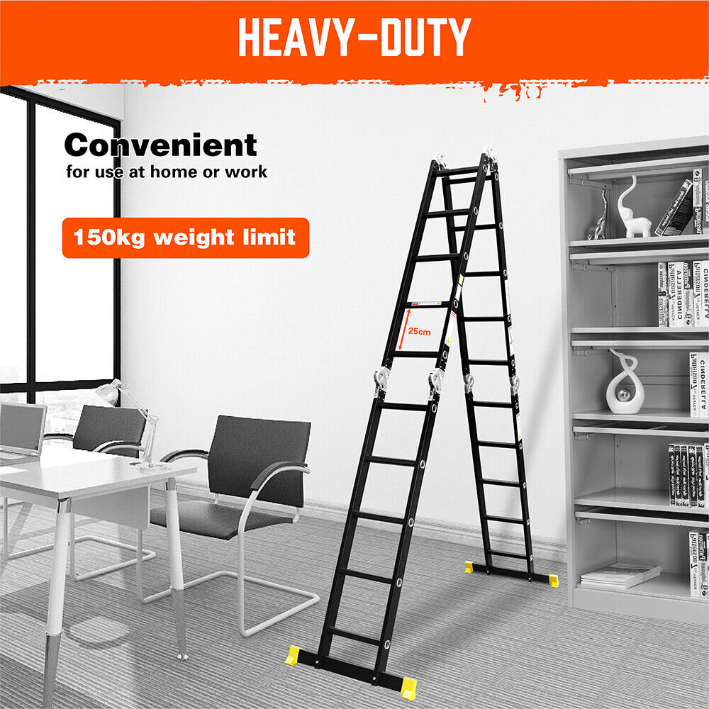 A black HORUSDY 5.7M Aluminium Folding Step Ladder Extension Multi-Purpose Ladders 150KG is shown with yellow end caps on its stabilizing feet, standing in an A-frame configuration. This multi-purpose ladder boasts several locking mechanisms and hinges, allowing for various height and configuration adjustments while offering easy storage.