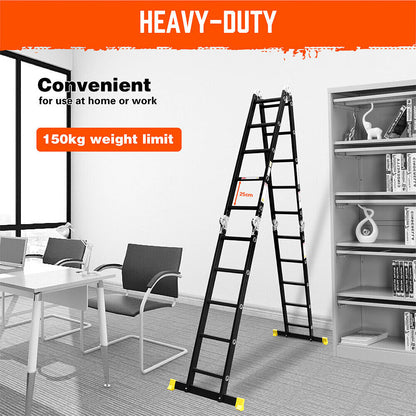 A black HORUSDY 5.7M Aluminium Folding Step Ladder Extension Multi-Purpose Ladders 150KG is shown with yellow end caps on its stabilizing feet, standing in an A-frame configuration. This multi-purpose ladder boasts several locking mechanisms and hinges, allowing for various height and configuration adjustments while offering easy storage.