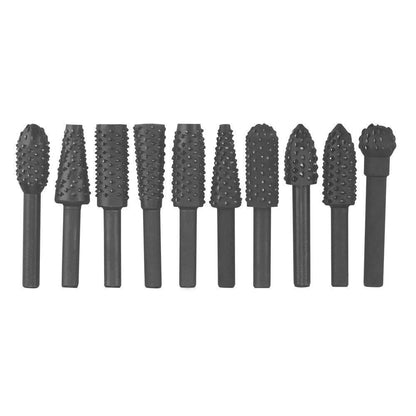 A 10Pc Rotary Bits Set Router Drill Bit Burr Wood Rasp File Drill Bits Wood Timber, each with a different shape and textured surface, perfect for grinding or intricate woodworking. The burrs are lined up in a row against a white background.