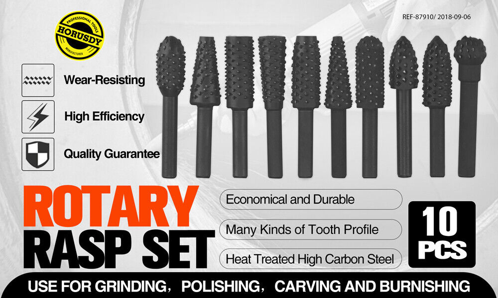 A 10Pc Rotary Bits Set Router Drill Bit Burr Wood Rasp File Drill Bits Wood Timber, each with a different shape and textured surface, perfect for grinding or intricate woodworking. The burrs are lined up in a row against a white background.