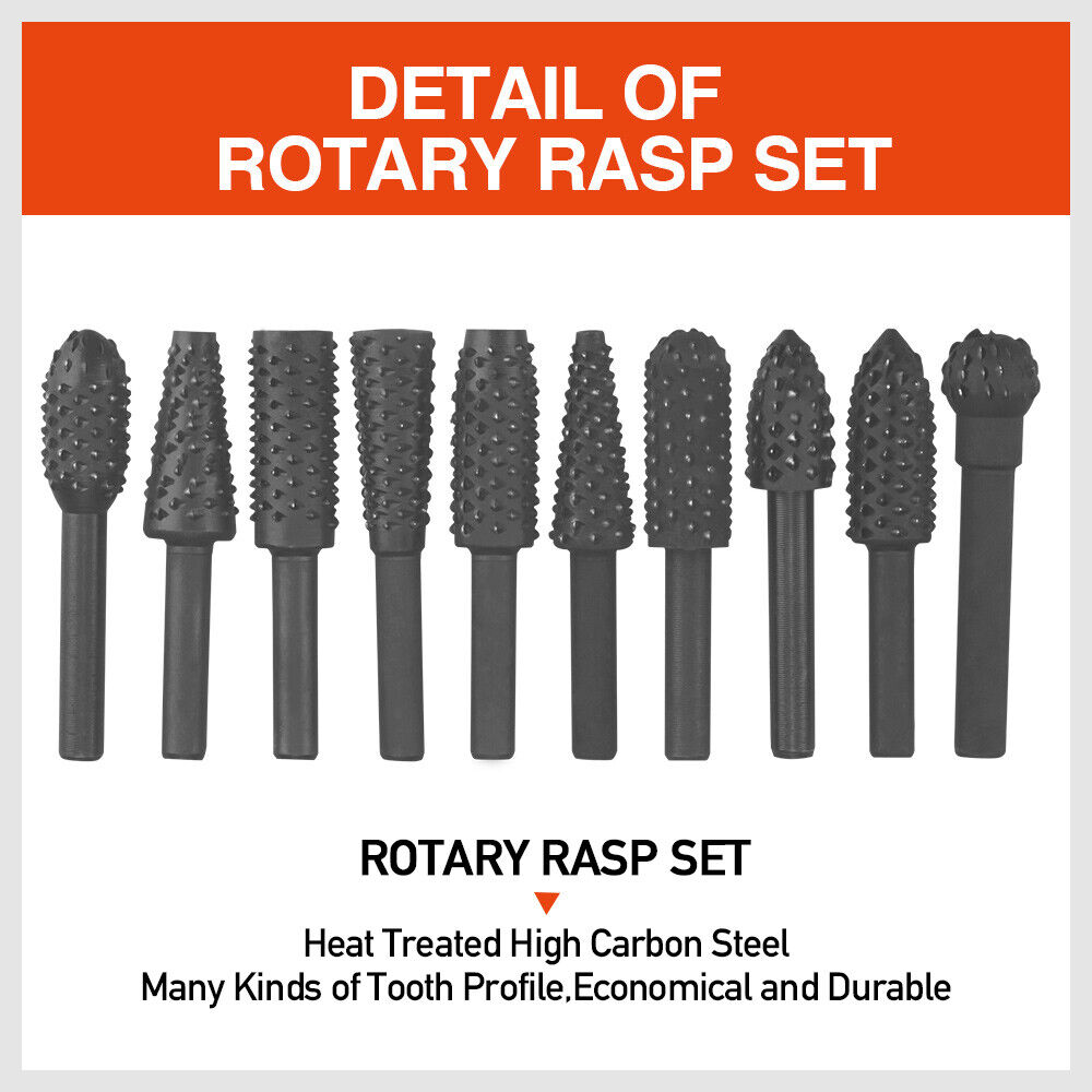 A 10Pc Rotary Bits Set Router Drill Bit Burr Wood Rasp File Drill Bits Wood Timber, each with a different shape and textured surface, perfect for grinding or intricate woodworking. The burrs are lined up in a row against a white background.