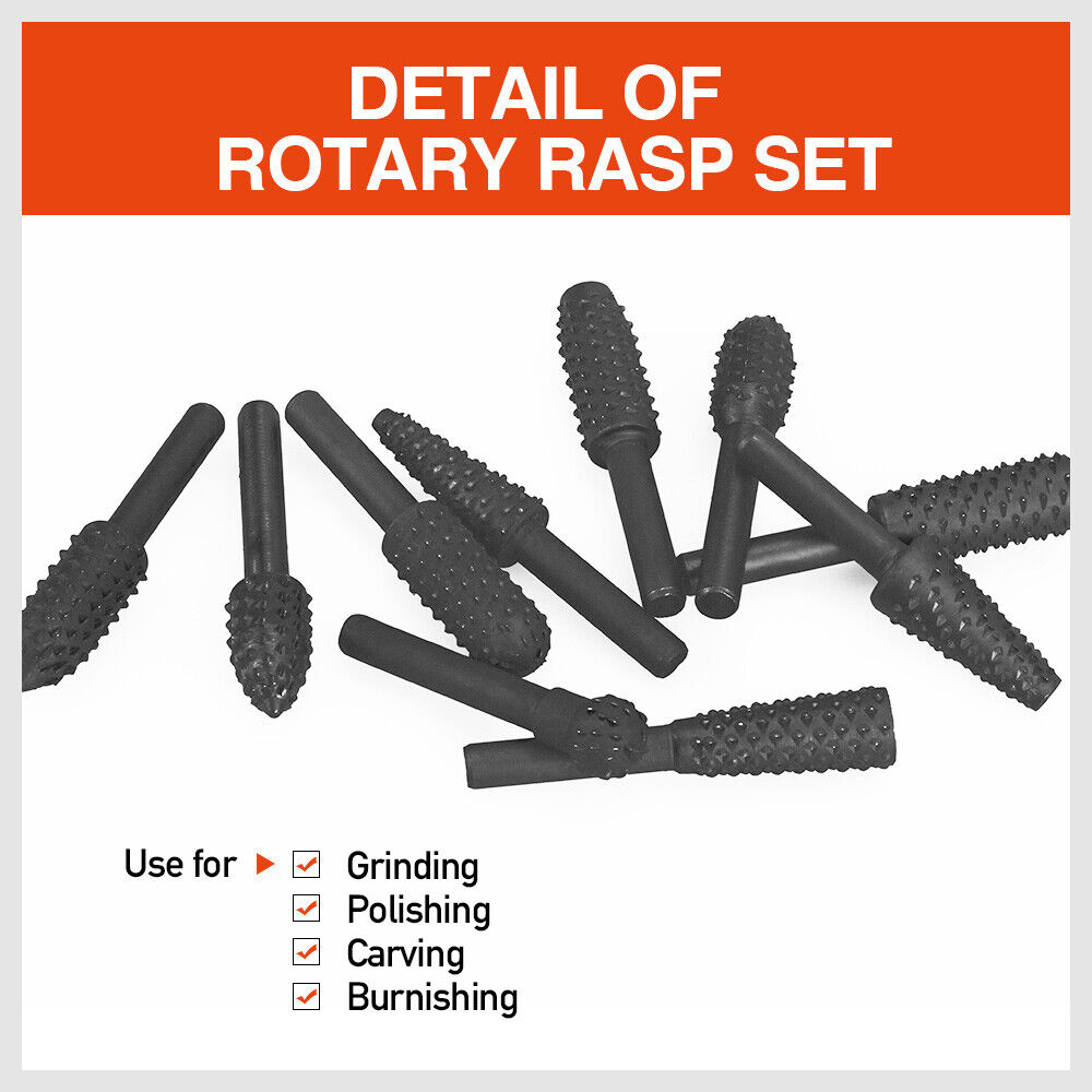 A 10Pc Rotary Bits Set Router Drill Bit Burr Wood Rasp File Drill Bits Wood Timber, each with a different shape and textured surface, perfect for grinding or intricate woodworking. The burrs are lined up in a row against a white background.