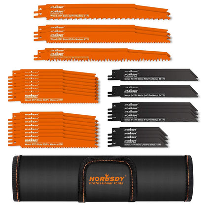 A 34-Piece Reciprocating Saw Blade Set Wood and Metal Cutting Blades with Storage Pouch. The high-quality steel blade set includes wood and metal cutting blades in orange and black, respectively. The blades are arranged in groups, and the carrying case is rolled up at the bottom, labeled "HORUSDY Professional Tools".