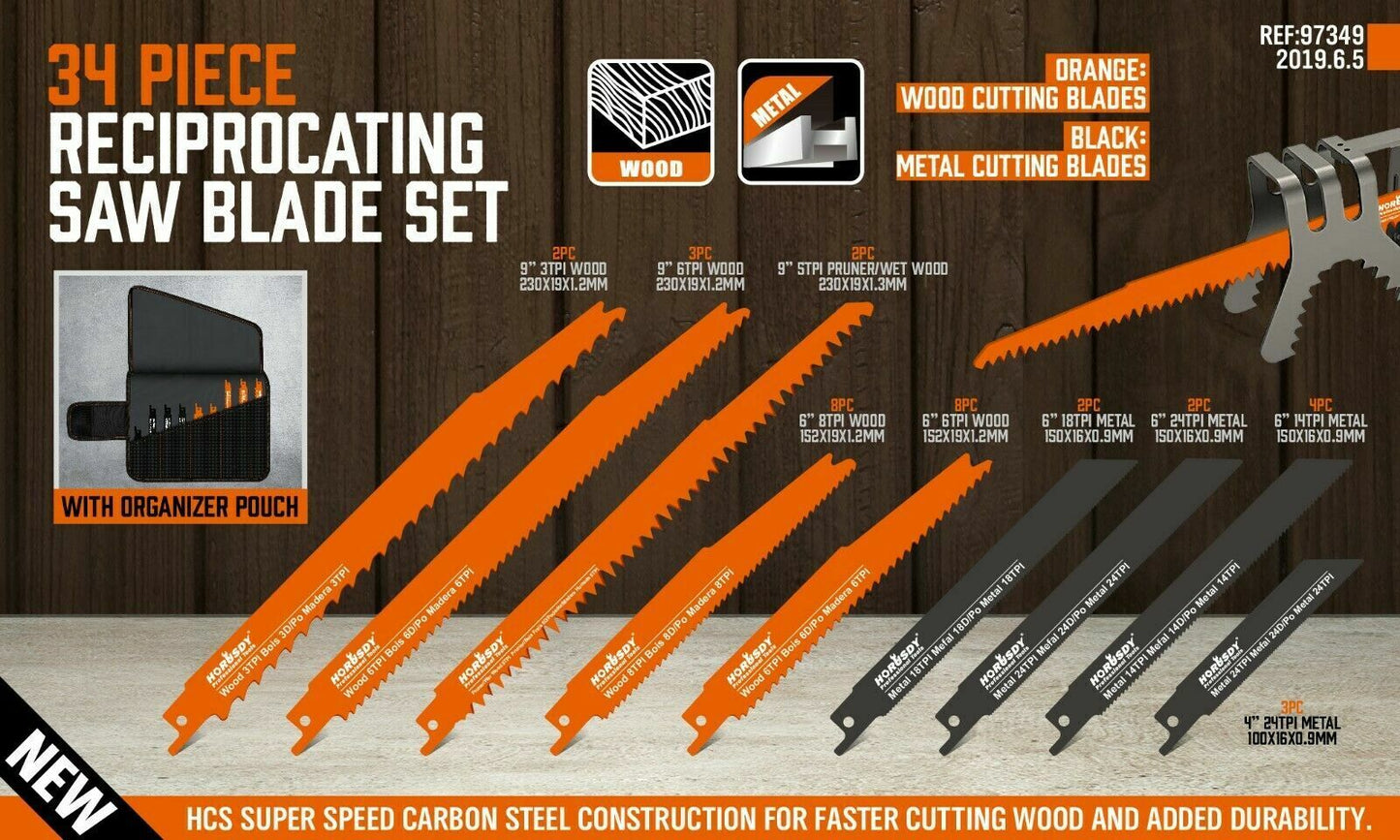 A 34-Piece Reciprocating Saw Blade Set Wood and Metal Cutting Blades with Storage Pouch. The high-quality steel blade set includes wood and metal cutting blades in orange and black, respectively. The blades are arranged in groups, and the carrying case is rolled up at the bottom, labeled "HORUSDY Professional Tools".