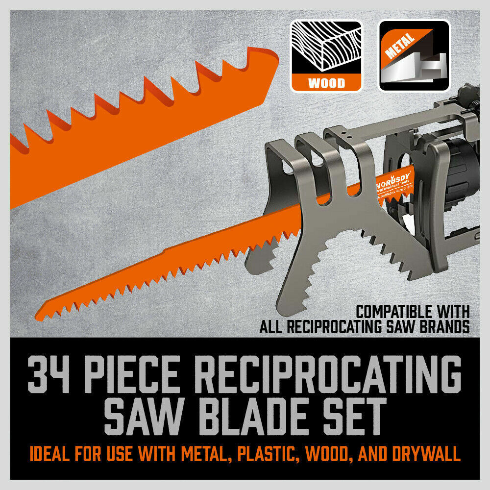 A 34-Piece Reciprocating Saw Blade Set Wood and Metal Cutting Blades with Storage Pouch. The high-quality steel blade set includes wood and metal cutting blades in orange and black, respectively. The blades are arranged in groups, and the carrying case is rolled up at the bottom, labeled "HORUSDY Professional Tools".