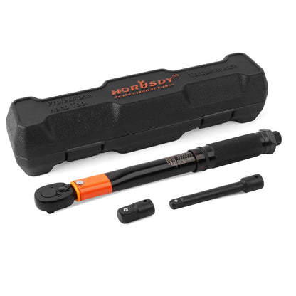 A black and orange HORUSDY 3Pc 1/4" Drive Click Torque Wrench Ratchet Socket with Adaptor Extension, made from Chrome Vanadium Steel, is displayed with its accompanying accessories including two socket adapters and an extension bar. Behind the wrench set is a black protective plastic case labeled "HORUSDY Professional Hand Tools," complete with a Calibration Certificate.