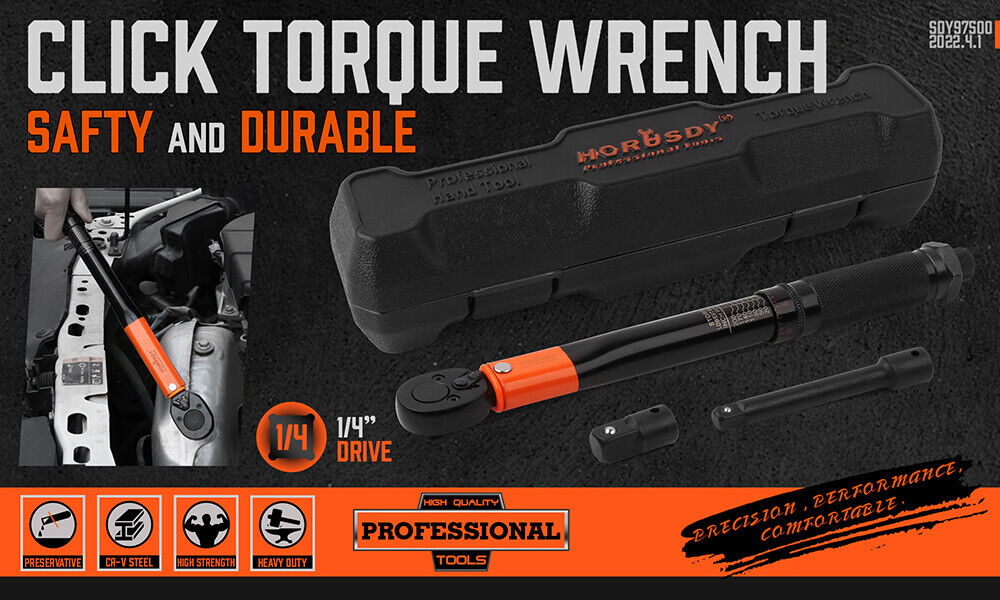 A black and orange HORUSDY 3Pc 1/4" Drive Click Torque Wrench Ratchet Socket with Adaptor Extension, made from Chrome Vanadium Steel, is displayed with its accompanying accessories including two socket adapters and an extension bar. Behind the wrench set is a black protective plastic case labeled "HORUSDY Professional Hand Tools," complete with a Calibration Certificate.