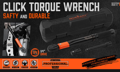 A black and orange HORUSDY 3Pc 1/4" Drive Click Torque Wrench Ratchet Socket with Adaptor Extension, made from Chrome Vanadium Steel, is displayed with its accompanying accessories including two socket adapters and an extension bar. Behind the wrench set is a black protective plastic case labeled "HORUSDY Professional Hand Tools," complete with a Calibration Certificate.