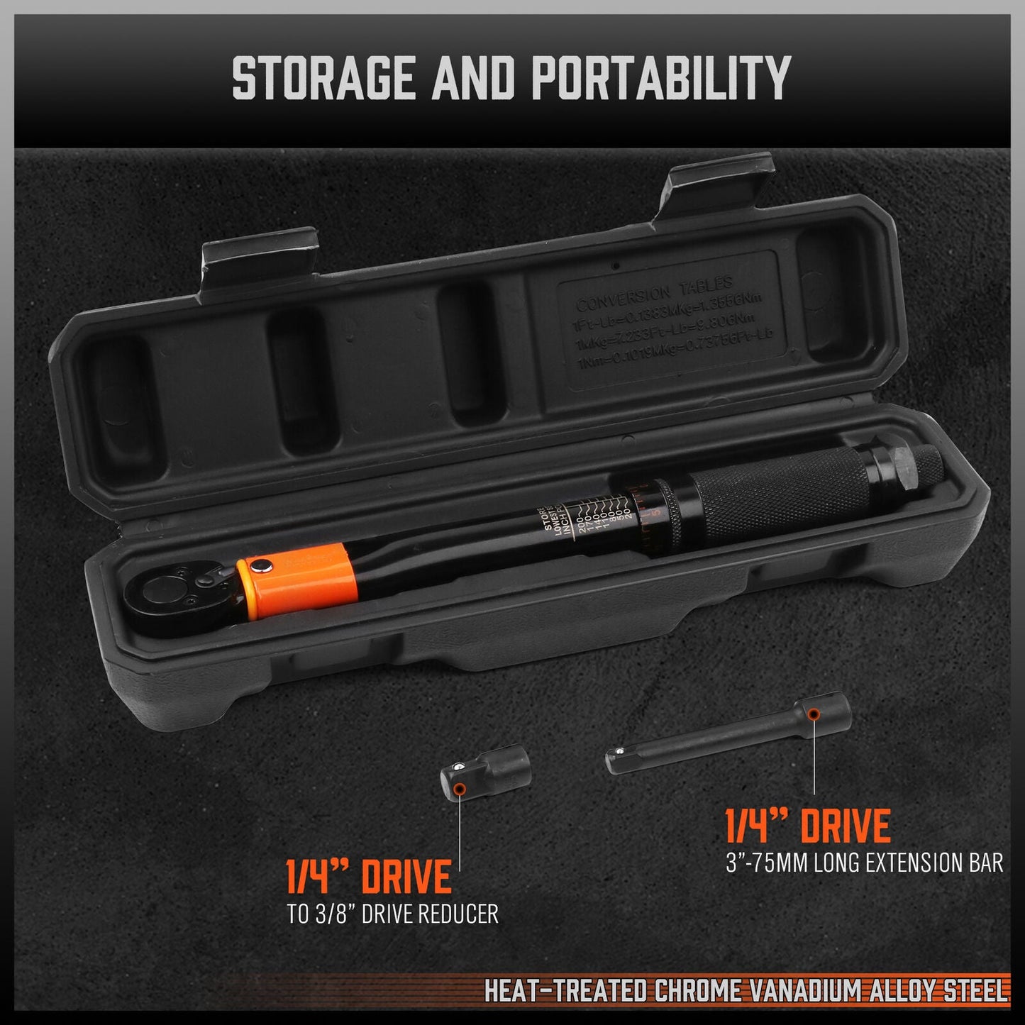 A black and orange HORUSDY 3Pc 1/4" Drive Click Torque Wrench Ratchet Socket with Adaptor Extension, made from Chrome Vanadium Steel, is displayed with its accompanying accessories including two socket adapters and an extension bar. Behind the wrench set is a black protective plastic case labeled "HORUSDY Professional Hand Tools," complete with a Calibration Certificate.