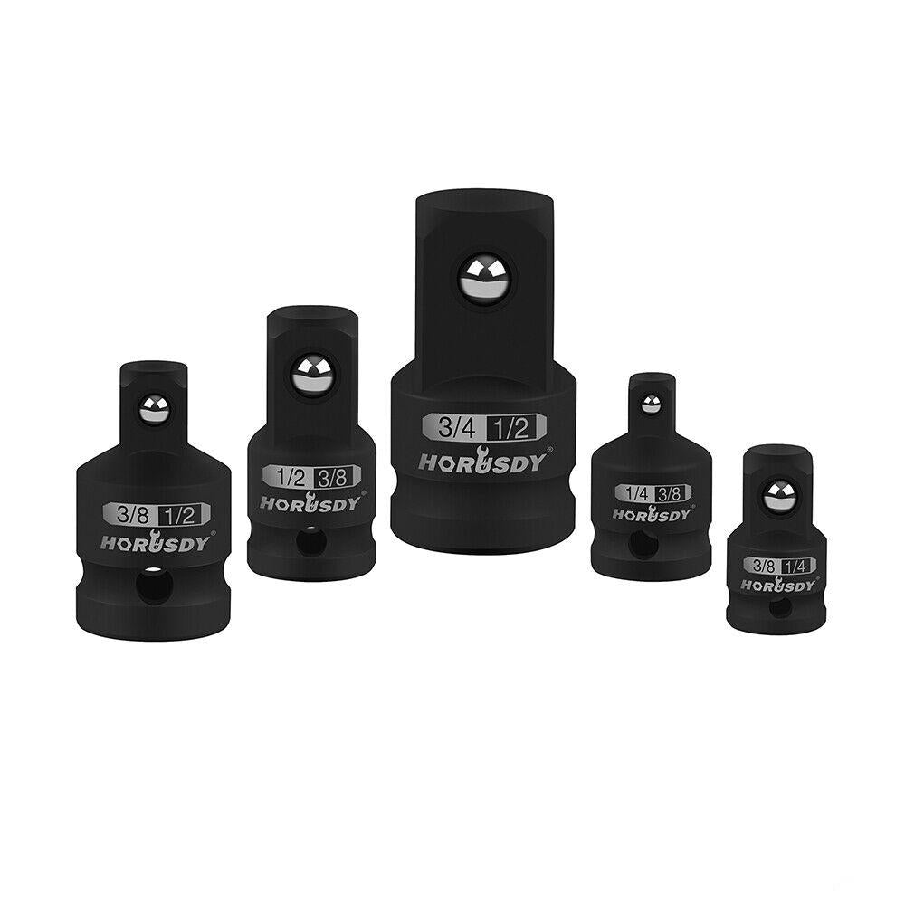 Five black pieces of the HORUSDY 5Pcs Impact Socket Adapter Set Socket Reducer 1/4 3/8 1/2 Inch Drive are displayed, made from durable chrome vanadium steel. Each socket conversion adapter has size markings such as "1/4 to 3/8", "3/8 to 1/2", and "1/2 to 3/4".