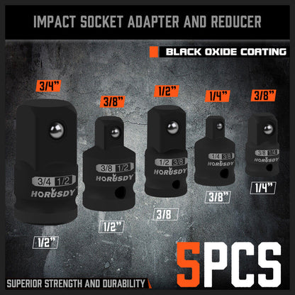 Five black pieces of the HORUSDY 5Pcs Impact Socket Adapter Set Socket Reducer 1/4 3/8 1/2 Inch Drive are displayed, made from durable chrome vanadium steel. Each socket conversion adapter has size markings such as "1/4 to 3/8", "3/8 to 1/2", and "1/2 to 3/4".