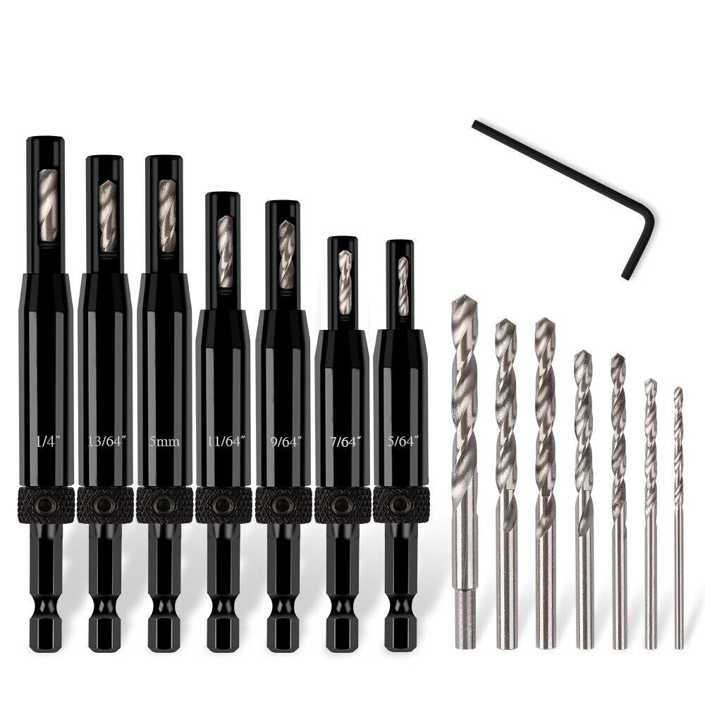 A 14Pc Self-Centering Hinge Tapper Core Drill Bit Set Center Drill 1/4" Hex Shank, compatible with most general-purpose drills, with a hex key and eight silver replacement drill bits, also of varying sizes, displayed against a white background. Each black drill bit is labeled with its size in inches or millimeters for accurate positioning.