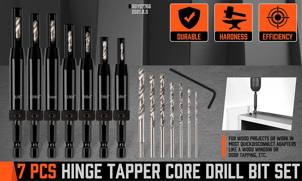 A 14Pc Self-Centering Hinge Tapper Core Drill Bit Set Center Drill 1/4" Hex Shank, compatible with most general-purpose drills, with a hex key and eight silver replacement drill bits, also of varying sizes, displayed against a white background. Each black drill bit is labeled with its size in inches or millimeters for accurate positioning.