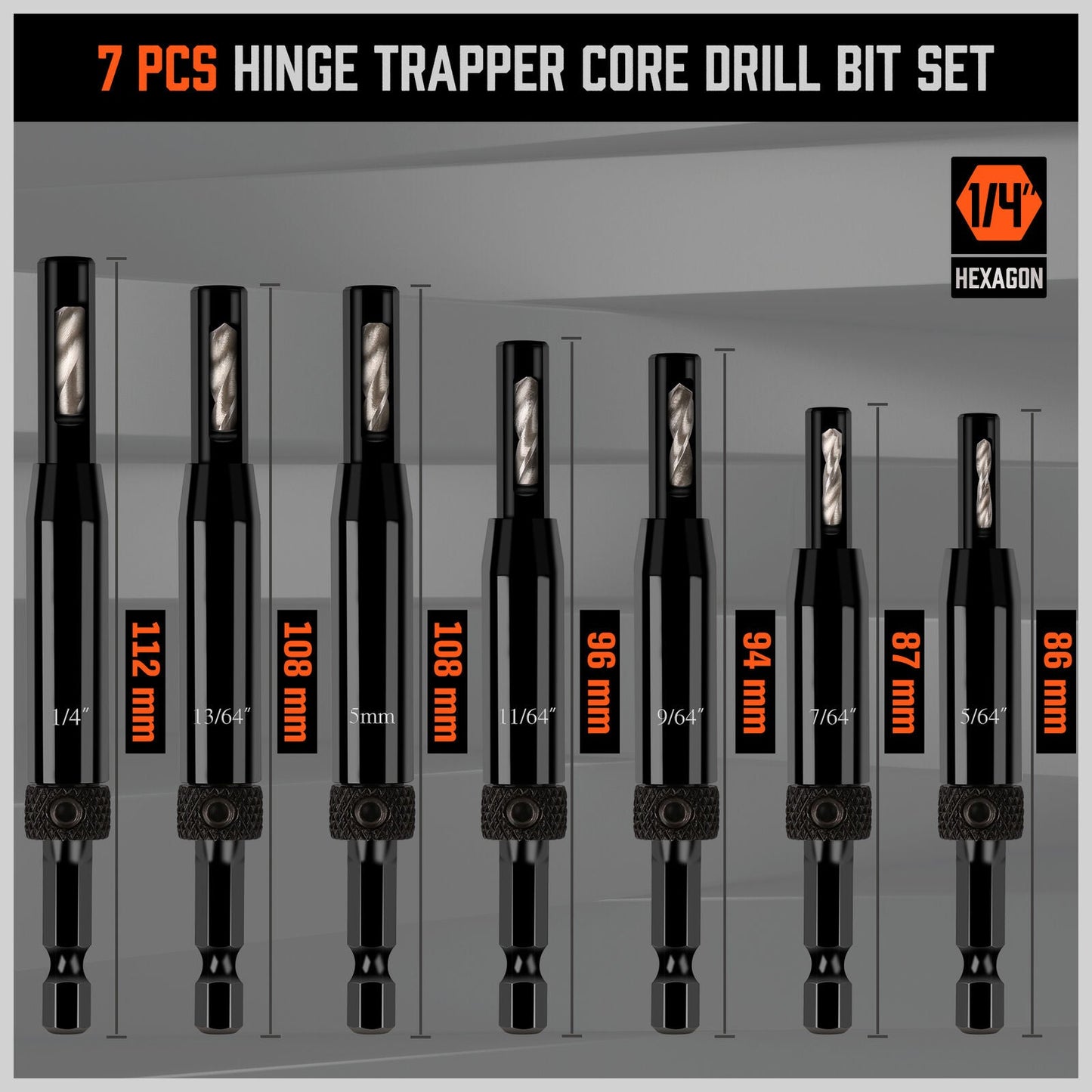 A 14Pc Self-Centering Hinge Tapper Core Drill Bit Set Center Drill 1/4" Hex Shank, compatible with most general-purpose drills, with a hex key and eight silver replacement drill bits, also of varying sizes, displayed against a white background. Each black drill bit is labeled with its size in inches or millimeters for accurate positioning.