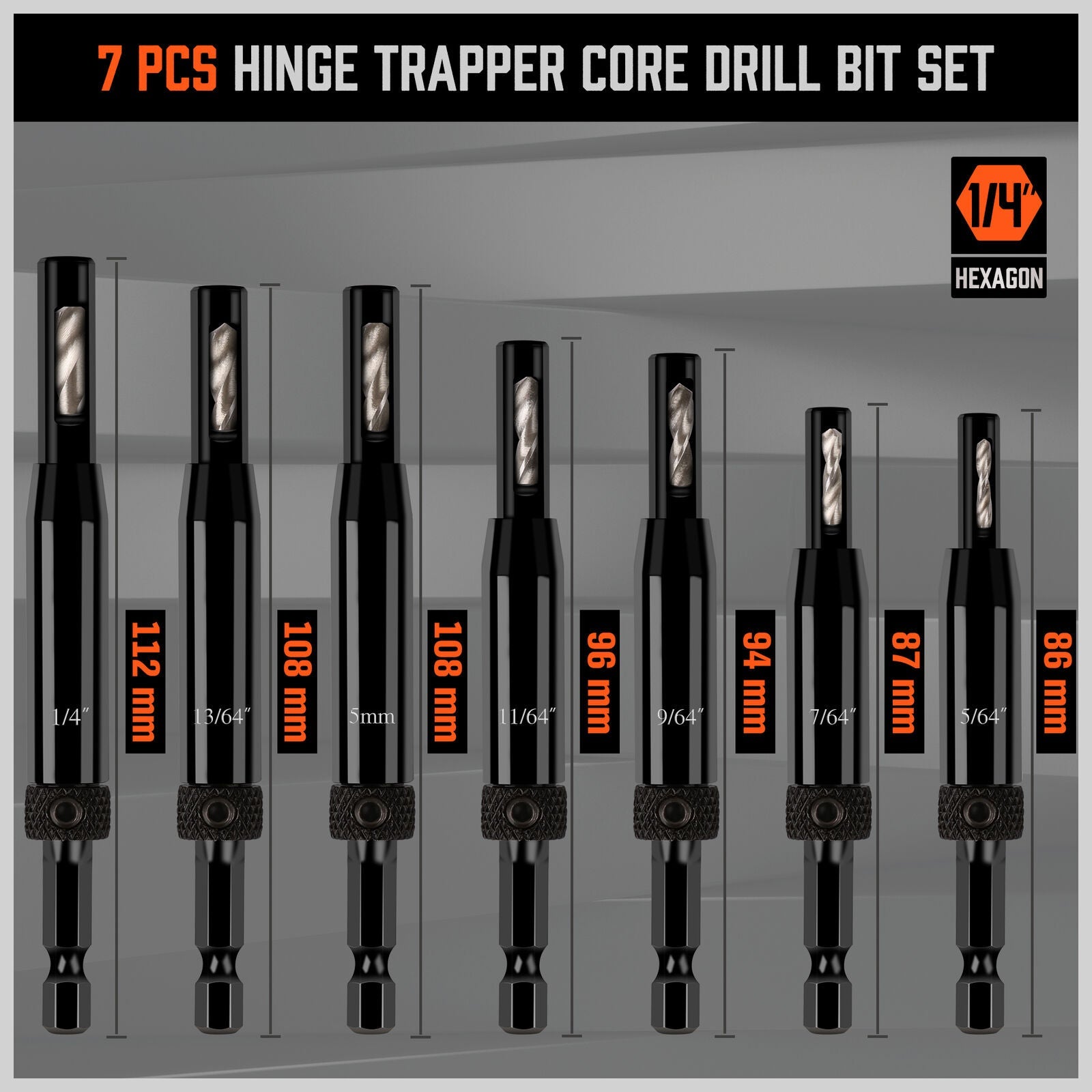 A 14Pc Self-Centering Hinge Tapper Core Drill Bit Set Center Drill 1/4" Hex Shank, compatible with most general-purpose drills, with a hex key and eight silver replacement drill bits, also of varying sizes, displayed against a white background. Each black drill bit is labeled with its size in inches or millimeters for accurate positioning.