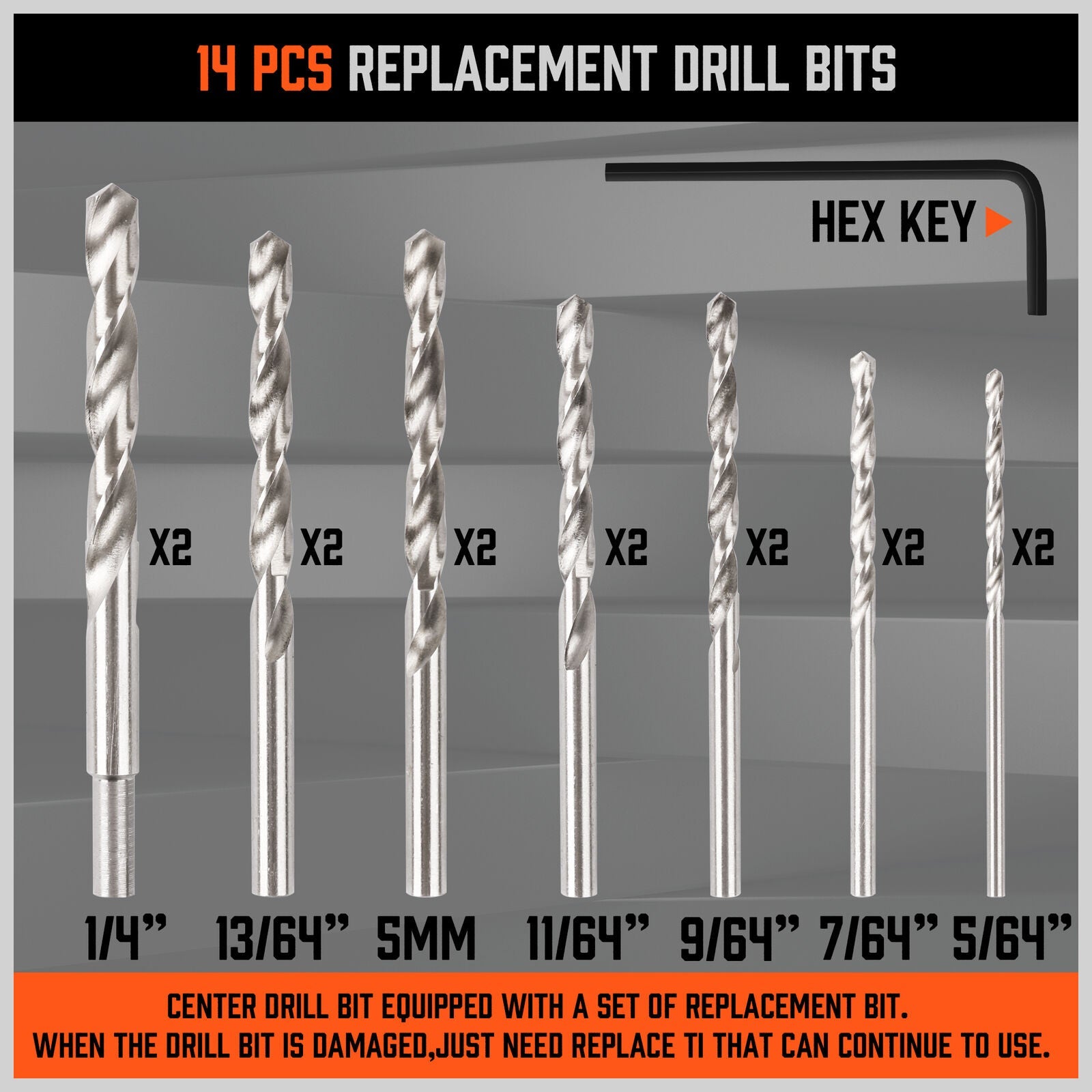 A 14Pc Self-Centering Hinge Tapper Core Drill Bit Set Center Drill 1/4" Hex Shank, compatible with most general-purpose drills, with a hex key and eight silver replacement drill bits, also of varying sizes, displayed against a white background. Each black drill bit is labeled with its size in inches or millimeters for accurate positioning.