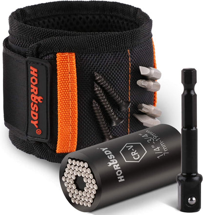 A black and orange Magnetic Wristband & Universal Socket Grip 7-19mm Magnets Screws Nails Holder with multiple pockets holding screws and bits, branded with "HORUSDY". In front of the wristband is a Horusdy universal socket adapter and a black drill bit extension, perfect for those who need an organized Universal Socket Kit.