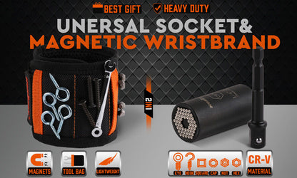 A black and orange Magnetic Wristband & Universal Socket Grip 7-19mm Magnets Screws Nails Holder with multiple pockets holding screws and bits, branded with "HORUSDY". In front of the wristband is a Horusdy universal socket adapter and a black drill bit extension, perfect for those who need an organized Universal Socket Kit.