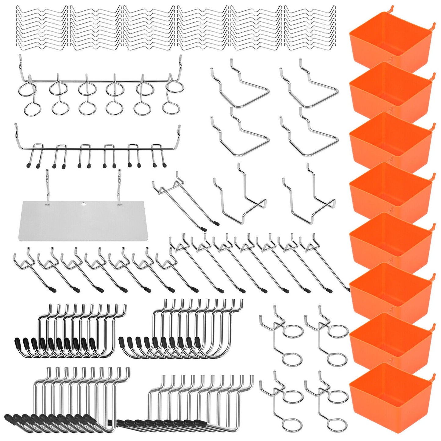 A 142Pc Pegboard Hooks Set Peg board Hanger Assortment Storage Trays Organizer Bin arranged on a white background. Perfect for tool organizers and garage storage solutions, the hooks come in different shapes and sizes, designed for hanging tools and organizing items. Eight orange bins are stacked vertically on the right side.