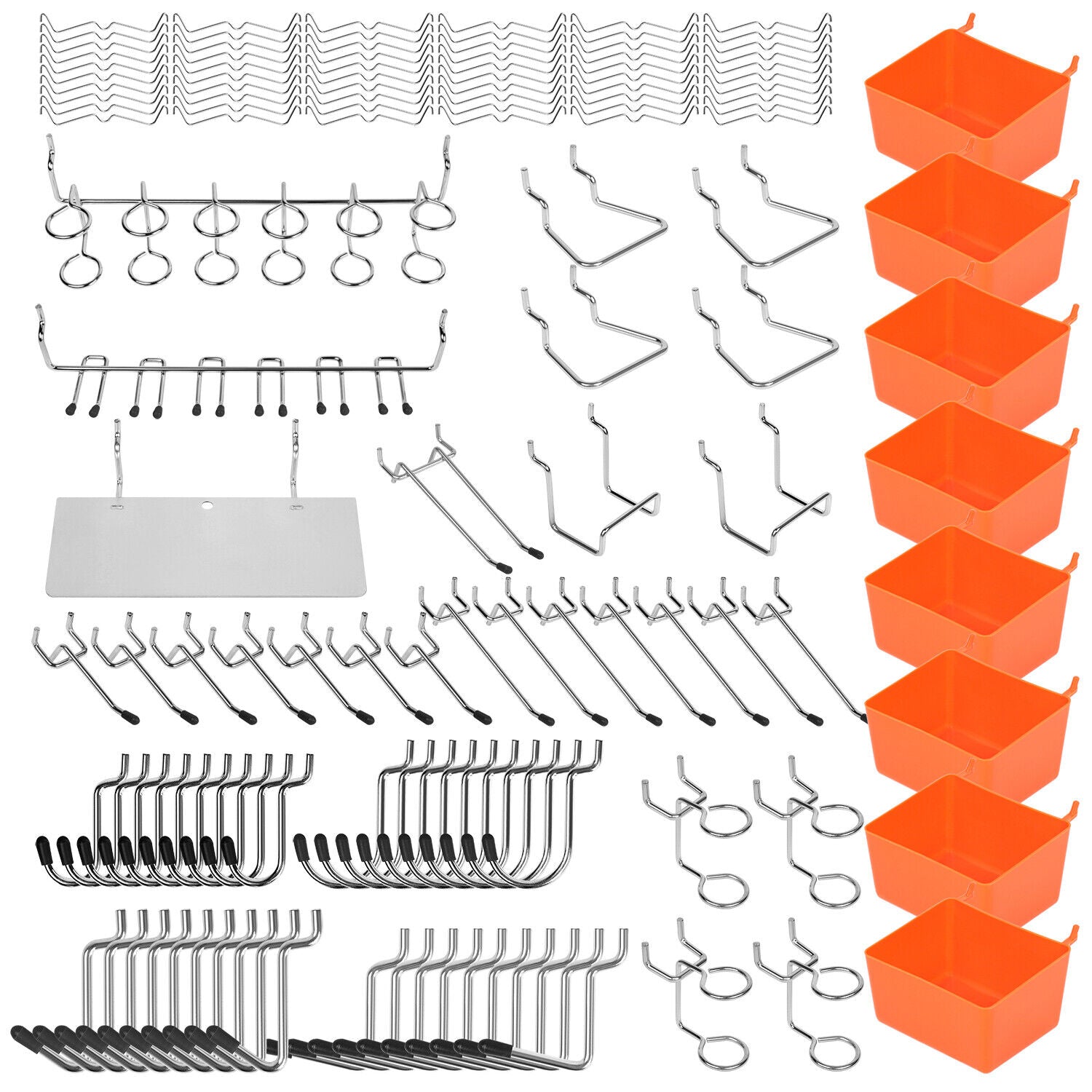 A 142Pc Pegboard Hooks Set Peg board Hanger Assortment Storage Trays Organizer Bin arranged on a white background. Perfect for tool organizers and garage storage solutions, the hooks come in different shapes and sizes, designed for hanging tools and organizing items. Eight orange bins are stacked vertically on the right side.