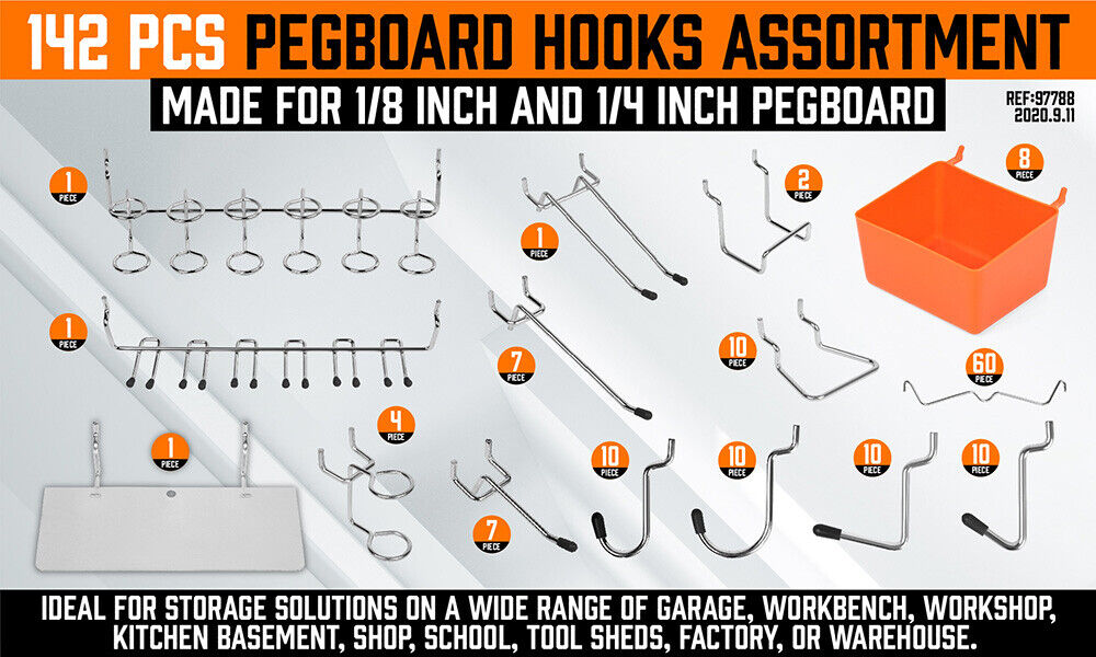 A 142Pc Pegboard Hooks Set Peg board Hanger Assortment Storage Trays Organizer Bin arranged on a white background. Perfect for tool organizers and garage storage solutions, the hooks come in different shapes and sizes, designed for hanging tools and organizing items. Eight orange bins are stacked vertically on the right side.