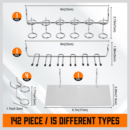 A 142Pc Pegboard Hooks Set Peg board Hanger Assortment Storage Trays Organizer Bin arranged on a white background. Perfect for tool organizers and garage storage solutions, the hooks come in different shapes and sizes, designed for hanging tools and organizing items. Eight orange bins are stacked vertically on the right side.