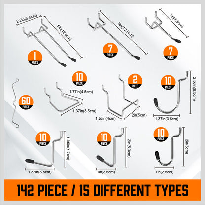 A 142Pc Pegboard Hooks Set Peg board Hanger Assortment Storage Trays Organizer Bin arranged on a white background. Perfect for tool organizers and garage storage solutions, the hooks come in different shapes and sizes, designed for hanging tools and organizing items. Eight orange bins are stacked vertically on the right side.