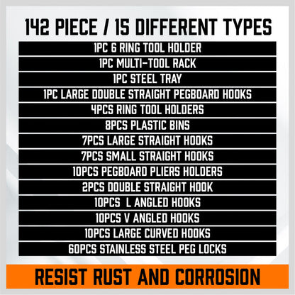 A 142Pc Pegboard Hooks Set Peg board Hanger Assortment Storage Trays Organizer Bin arranged on a white background. Perfect for tool organizers and garage storage solutions, the hooks come in different shapes and sizes, designed for hanging tools and organizing items. Eight orange bins are stacked vertically on the right side.