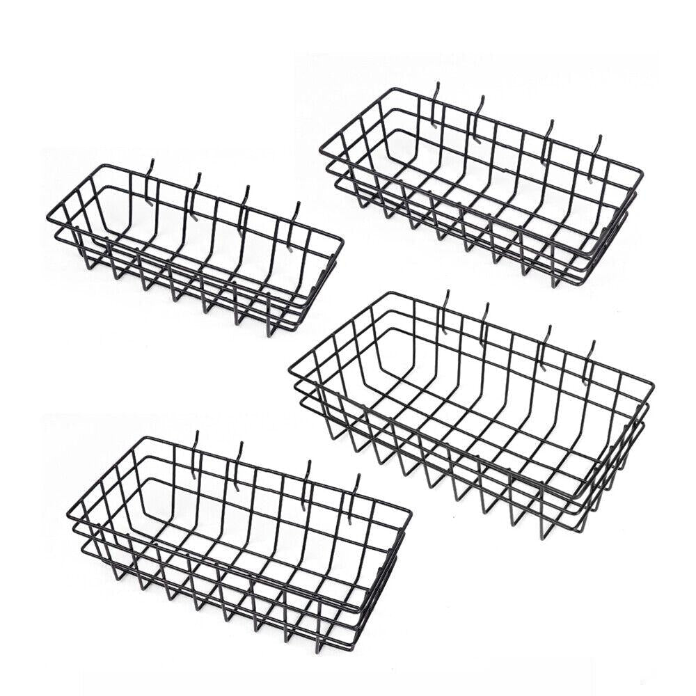 Four 4Pc Pegboard Baskets Set Storage Bins Peg Board Organizer 4 Size Display Hangers of varying sizes are arranged on a white background. The baskets feature open grid patterns and handles on both ends, designed for storage or tool organization.