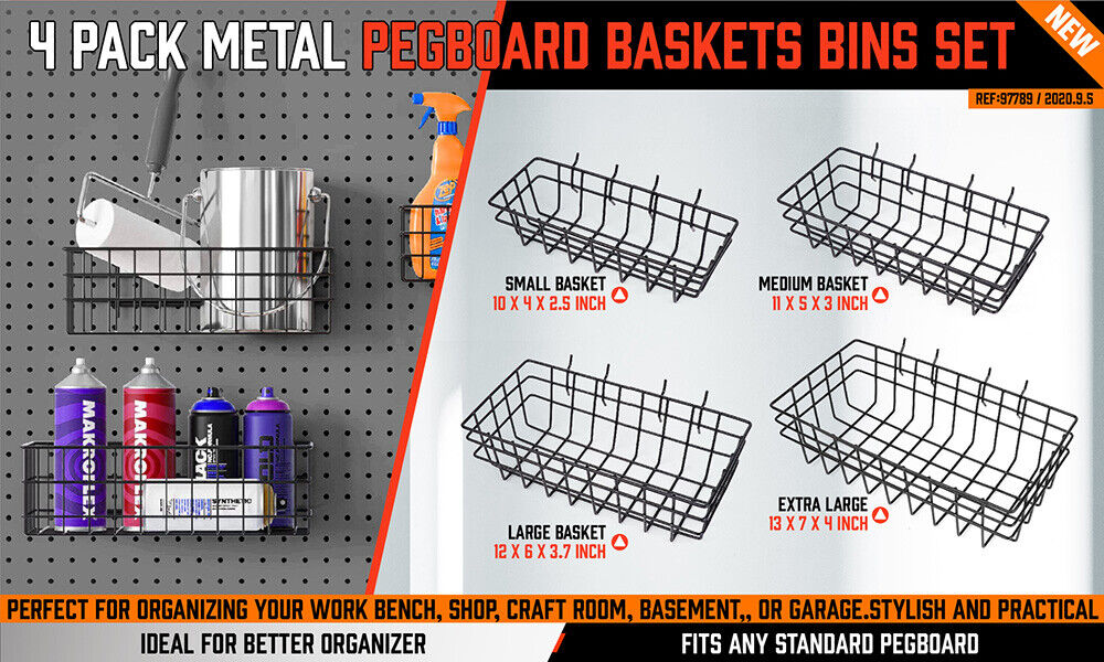 Four 4Pc Pegboard Baskets Set Storage Bins Peg Board Organizer 4 Size Display Hangers of varying sizes are arranged on a white background. The baskets feature open grid patterns and handles on both ends, designed for storage or tool organization.