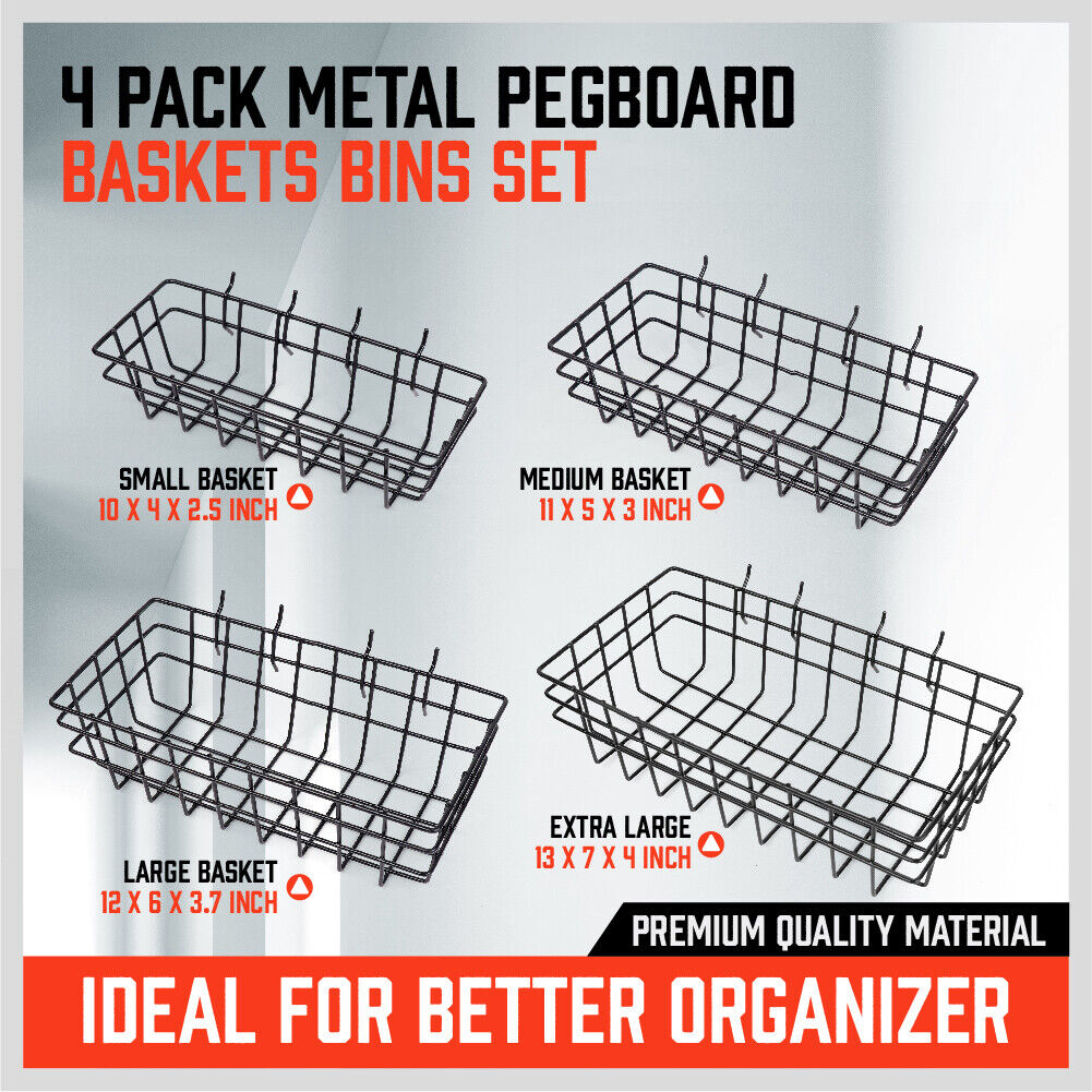 Four 4Pc Pegboard Baskets Set Storage Bins Peg Board Organizer 4 Size Display Hangers of varying sizes are arranged on a white background. The baskets feature open grid patterns and handles on both ends, designed for storage or tool organization.