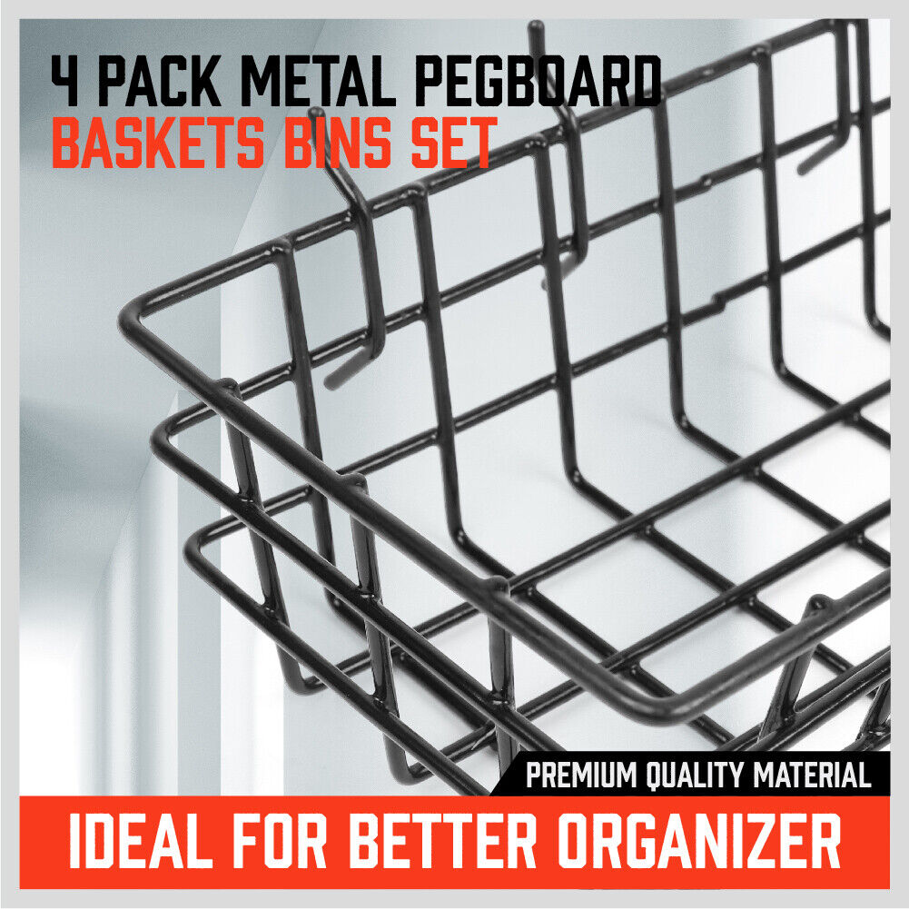 Four 4Pc Pegboard Baskets Set Storage Bins Peg Board Organizer 4 Size Display Hangers of varying sizes are arranged on a white background. The baskets feature open grid patterns and handles on both ends, designed for storage or tool organization.