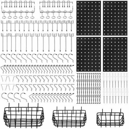 A 127Pc Pegboard Hooks Set Storage Baskets Organizer Hanger Inc. 4 Small Peg Board ideal for home organization projects, featuring various hooks, clips, and baskets arranged systematically. The set includes four pegboards, multiple types of pegboard hooks in different shapes, and four rectangular wire baskets designed for hanging and organizing tools.