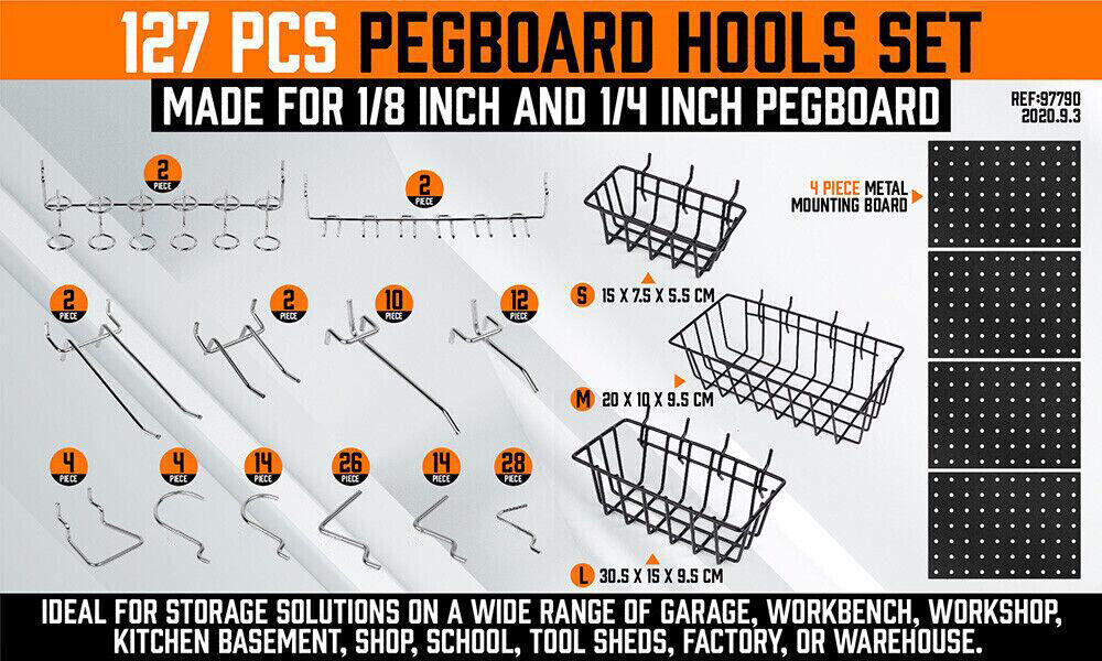 A 127Pc Pegboard Hooks Set Storage Baskets Organizer Hanger Inc. 4 Small Peg Board ideal for home organization projects, featuring various hooks, clips, and baskets arranged systematically. The set includes four pegboards, multiple types of pegboard hooks in different shapes, and four rectangular wire baskets designed for hanging and organizing tools.