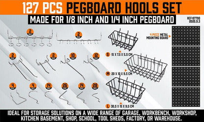 A 127Pc Pegboard Hooks Set Storage Baskets Organizer Hanger Inc. 4 Small Peg Board ideal for home organization projects, featuring various hooks, clips, and baskets arranged systematically. The set includes four pegboards, multiple types of pegboard hooks in different shapes, and four rectangular wire baskets designed for hanging and organizing tools.