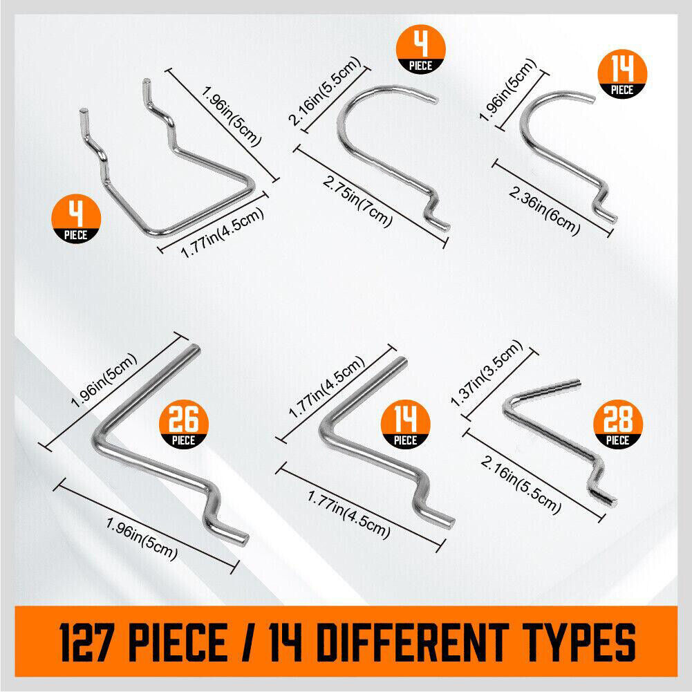 A 127Pc Pegboard Hooks Set Storage Baskets Organizer Hanger Inc. 4 Small Peg Board ideal for home organization projects, featuring various hooks, clips, and baskets arranged systematically. The set includes four pegboards, multiple types of pegboard hooks in different shapes, and four rectangular wire baskets designed for hanging and organizing tools.