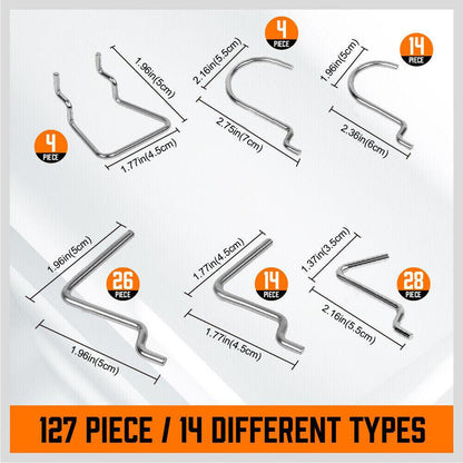 A 127Pc Pegboard Hooks Set Storage Baskets Organizer Hanger Inc. 4 Small Peg Board ideal for home organization projects, featuring various hooks, clips, and baskets arranged systematically. The set includes four pegboards, multiple types of pegboard hooks in different shapes, and four rectangular wire baskets designed for hanging and organizing tools.