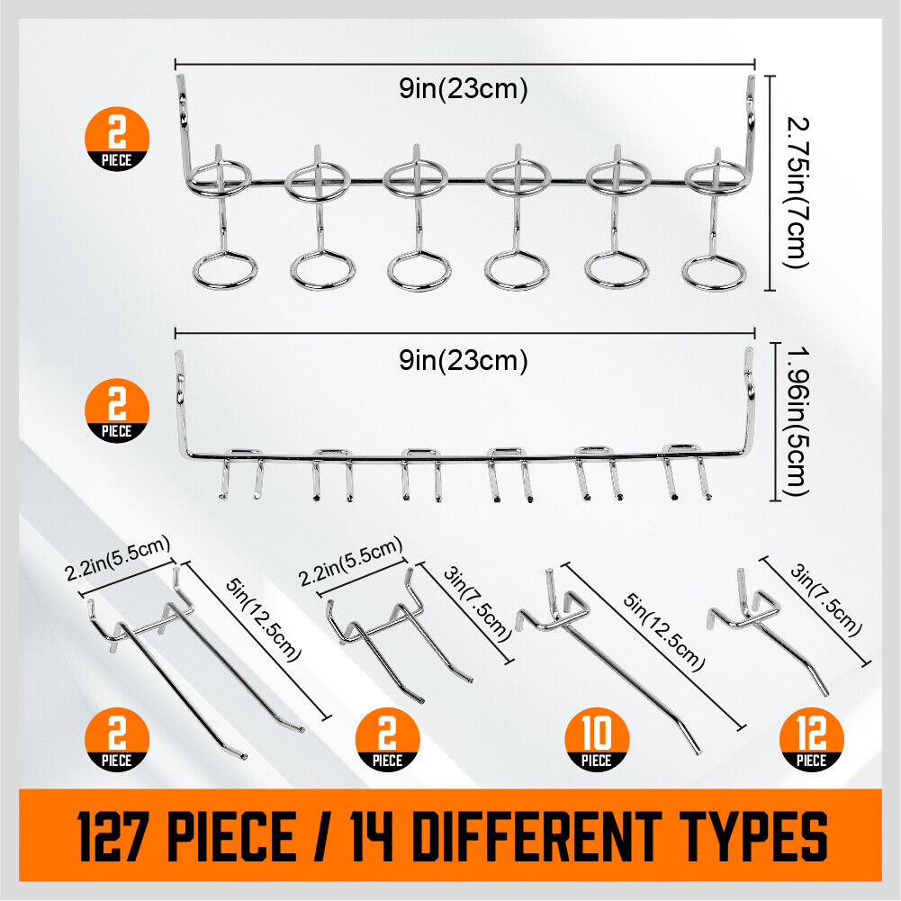 A 127Pc Pegboard Hooks Set Storage Baskets Organizer Hanger Inc. 4 Small Peg Board ideal for home organization projects, featuring various hooks, clips, and baskets arranged systematically. The set includes four pegboards, multiple types of pegboard hooks in different shapes, and four rectangular wire baskets designed for hanging and organizing tools.