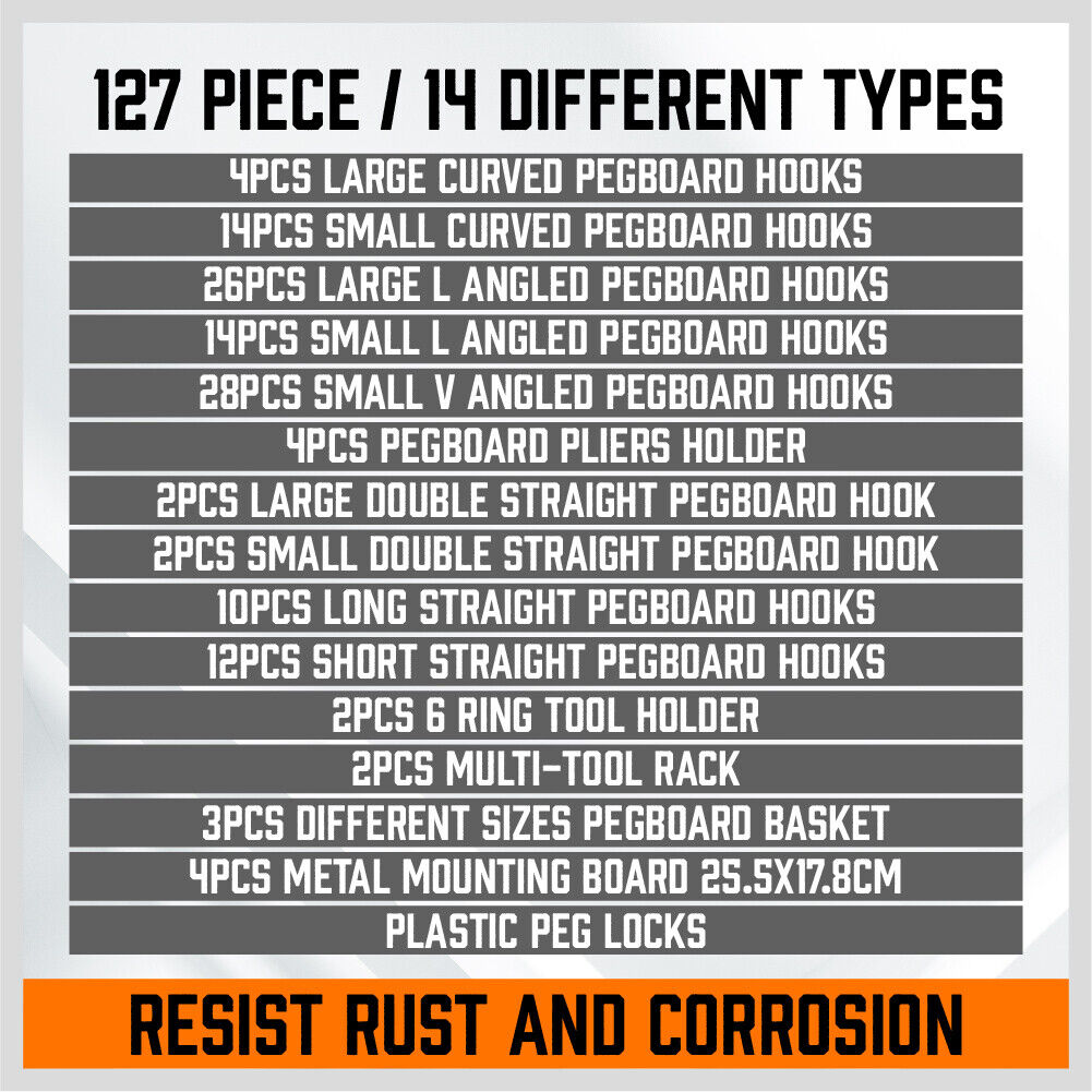 A 127Pc Pegboard Hooks Set Storage Baskets Organizer Hanger Inc. 4 Small Peg Board ideal for home organization projects, featuring various hooks, clips, and baskets arranged systematically. The set includes four pegboards, multiple types of pegboard hooks in different shapes, and four rectangular wire baskets designed for hanging and organizing tools.